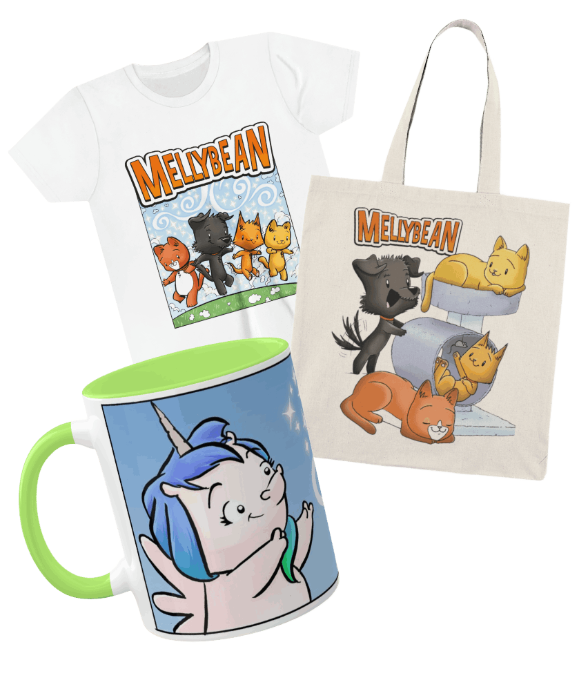 Mellybean merchandise. A t-shirt, a mug and a tote bag